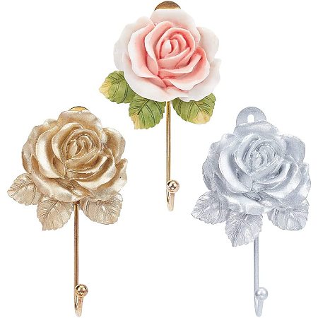 NBEADS 3 Pcs Resin Flower Wall Hooks, 3 Colors Decorative Robe Hook Beautiful Rose-Shaped Hooks for Hanging Scarf Bag Coat Key Towel Handbag Hat