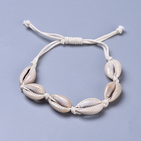 Honeyhandy Adjustable Cowrie Shell Braided Bead Bracelets, with Waxed Cotton Cords, Pale Goldenrod, 10-1/2 inch(26.6cm)