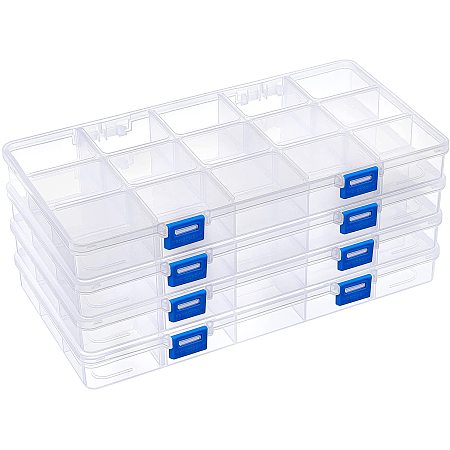 BENECREAT 4 Pack 15 Grids 11.2x6x1.18 Inch Large Transparent Plastic Compartment Box Grid Bead Organizers with Adjustable Dividers for Jewelry, Beads, Tools Accessories