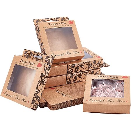 PandaHall Elite 24pcs Mini Kraft Paper Box with Clear Windows, Gift Boxes Soap Packaging Boxes Present Box Ornament Gift Box for Selling Party Favor Treats and Jewelry Packaging, 3.9x3.9x0.9inch