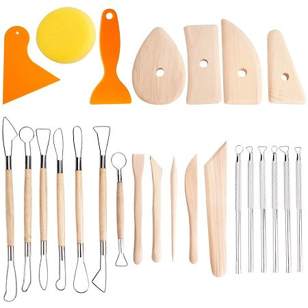 BENECREAT 25PCS Sculpture Clay Tools Pottery Clay Modeling Embossing Kit with Scraper, Clay Tools & Carving Tools for Professional or Beginners