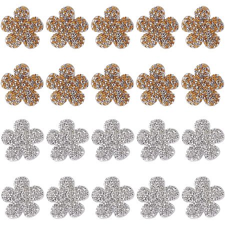 FINGERINSPIRE 20 Pcs Flower Rhinestone Patches (Gold Silver) Crystal Iron/Sew on Patches Hot Melt Adhesive Applique Decoration Patche for Clothing Repair, Backpack, Shoes, Hat, DIY Accessories