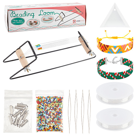 NBEADS Metal Bead Loom Kit,Including Glass Seed Beads, Elastic Thread, Beading Needles, 304 Stainless Steel Slide On End Clasp Tube Beaded Plastic Diamond Tray Ornament for Jewelry Making Bracelets