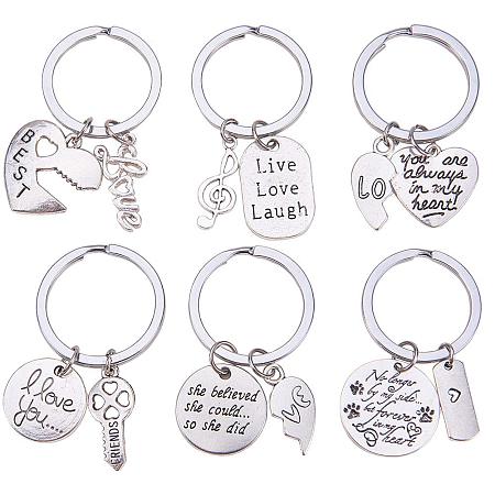 SUNNYCLUE 1 Box DIY 6PCS Sliver Key Chain Rings Kit Stainless Steel Split Keychain Ring with Letter Carved Tag Charm Pendants Bulk Jewelry Findings for Couples Lovers