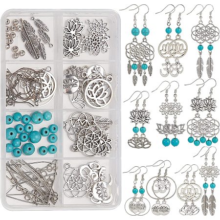 SUNNYCLUE 1 Box DIY 10 Pairs Lotus Flower Charms Chakra Energy Yoga OM Charms Earrings Making Kit Feather Meditation Charm Synthetic Turquoise Beads for Jewelry Making Adult Women Starter Instruction