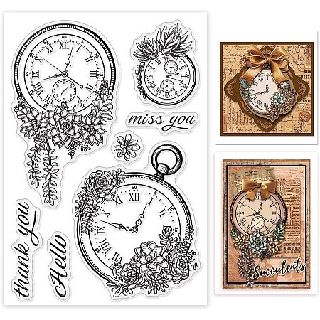 GLOBLELAND Vintage Clock Clear Stamps Flower Silicone Stamps Wish Words Rubber Transparent Seal Stamps for DIY Card Making Scrapbooking Photo Album Crafting Decorations
