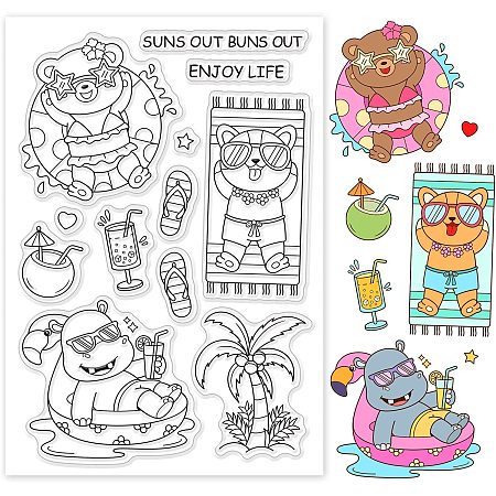 PandaHall Elite Sunbathing Animals Pattern Clear Stamps, Bear Coconut Tree Slippers Drinks Transparent Rubber Stamps for Scrapbooking Stamps Card Making Decoration Photo Card Album Crafting Supplies
