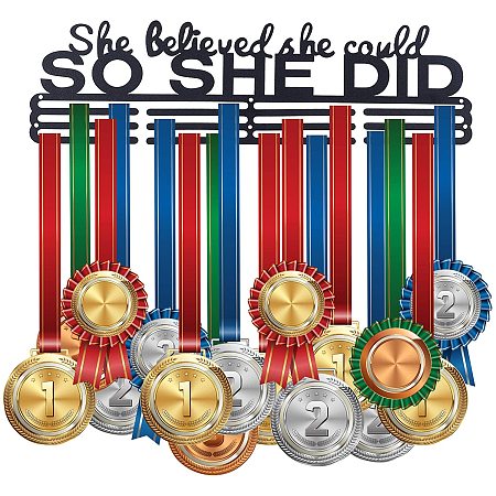 GLOBLELAND Medal Holder Display Hanger Rack She Believed She Could So She Did 3 Rows Black Sturdy Steel Medal Metal Wall Mount Easy to Install for Gymnastics, Soccer, Softball, Cheer Wall Display