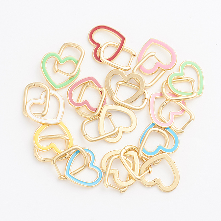 NBEADS Golden Plated Brass Huggie Hoop Earrings, with Enamel, Heart, Mixed Color, 27.5mm, Pin: 1mm