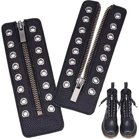 PandaHall Elite Leather Lace-in Boot Zipper Inserts, 6.1 x 2.1 Inch 8 Metal Eyelets Zipper Boot Laces Black No Tie Shoe Laces for Adults Men Women Tieless Shoe Sneakers Laces Repair DIY, Textured
