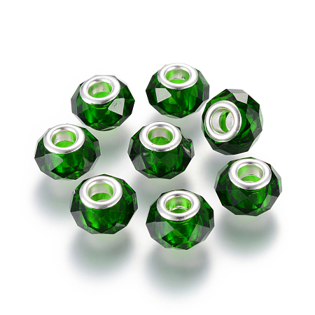 Honeyhandy Handmade Glass European Beads, Large Hole Beads, Silver Color Brass Core, Dark Green, 14x8mm, Hole: 5mm