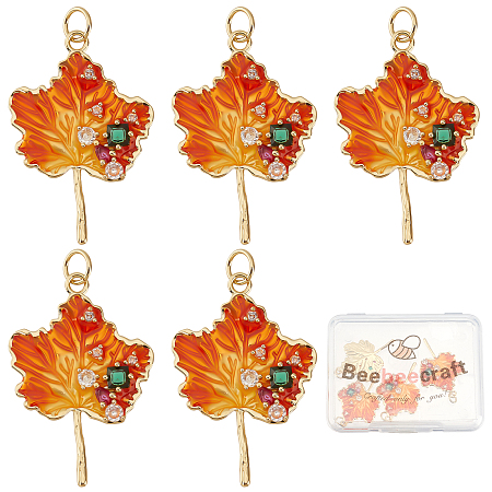 Beebeecraft Autumn Theme Rack Plating Brass Micro Pave Cubic Zirconia Pendants, Cadmium Free & Lead Free & Nickle Free, with Enamel and Jump Ring, Real 18K Gold Plated, Maple Leaf, Dark Orange, 30x20x3.5mm, Jump Ring: 5x0.6mm, Inner Diameter: 3.5mm, 5pcs/box