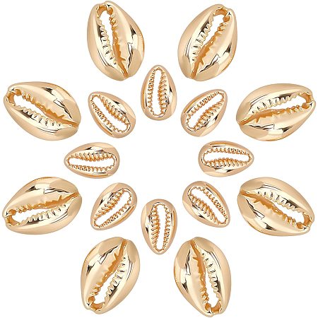 SUPERFINDINGS 16pcs 2 Style Cowrie Shell Beads Brass Cowrie Shell Linking Rings Real 18K Gold Plated Seashore Shell Charm for Jewelry Making Bracelet Necklace DIY