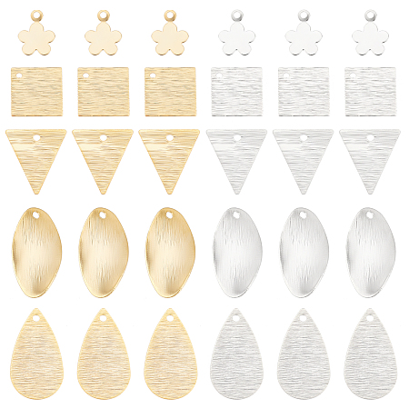 PandaHall Elite 60Pcs 10 Style Brass Charms & Pendants, Oval & Triangle & Teardrop & Square & Flower, Real 24K Gold Plated & 925 Sterling Silver Plated, 9.5~18x7~12x0.5~1mm, Hole: 1~1.2mm, 6pcs/style