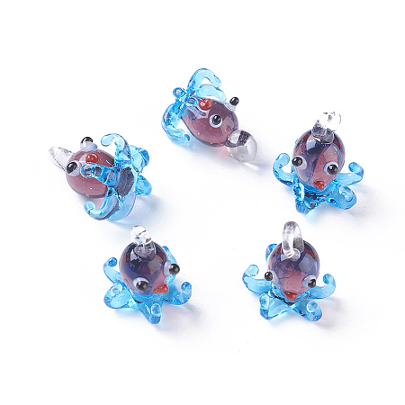 Honeyhandy Handmade Lampwork Pendants, Octopus, Deep Sky Blue, 16~20x14~16mm, Hole: 2~4mm