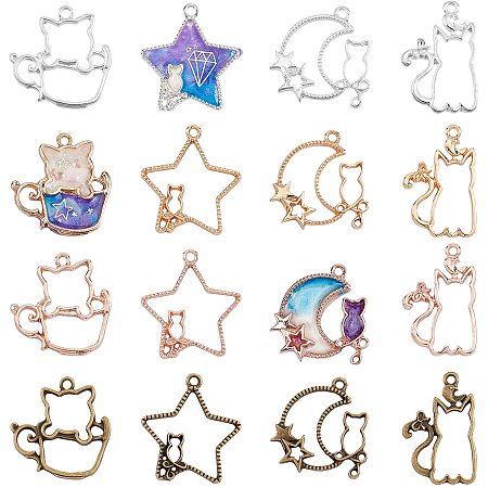 OLYCRAFT 32pcs 4-Styles Cat Open Back Bezel Pendants Star Moon with Cat Bezel Pendants Open Bezel Charms Zinc Alloy Frame Pendants Hollow Resin Frames with Loop for Resin Jewelry Making - 4 Colors
