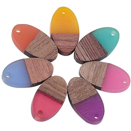 CHGCRAFT 50pcs Resin Wood Pendants Oval Resin and Wood Pendants for Women Necklace Bracelets Jewelry Making DIY Crafts 1.8mm Hole, Mixed Color
