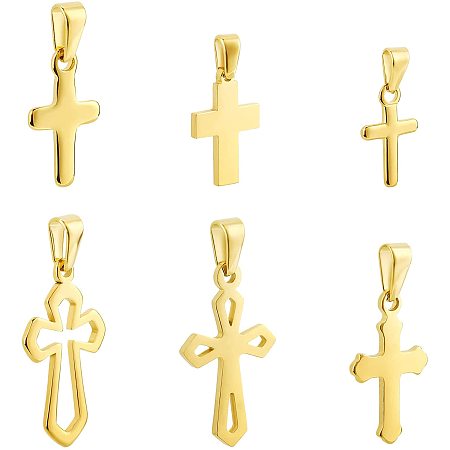 BENECREAT 12Pcs 6 Mixed Style 304 Stainless Steel Cross Pendants Easter Theme Golden Charms for Jewelry Making Crafting Accessory