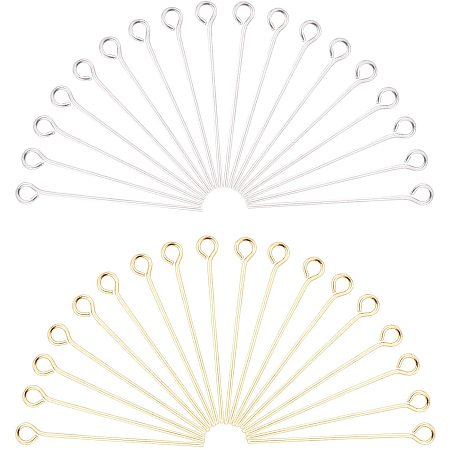 PandaHall Elite 160 pcs 30mm(1.1 inch) 304 Stainless Steel Head Pins Findings 21 Gauge(0.7mm) Open Eye Pin for Earring Pendant Bracelet Jewelry DIY Craft Making, Golden/Silver