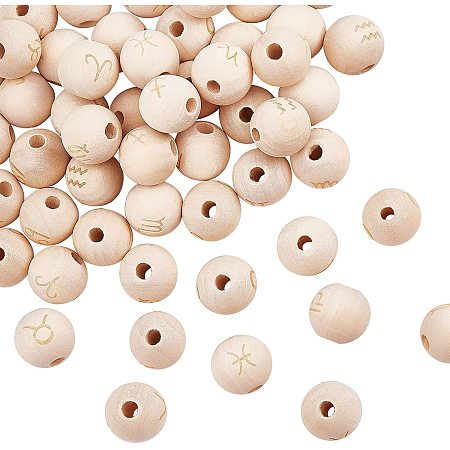 OLYCRAFT 72pcs 15mm Constellation Wooden Beads, Natural Round Wooden Beads Wooden Loose Beads with Initial Letter for Jeweley Making and DIY Crafts