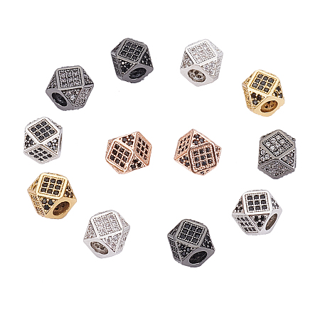 Rack Plating Brass Cubic Zirconia Beads, Long-Lasting Plated, Polygon, Mixed Color, 9.5x7mm, Hole: 3mm; 12pcs/box
