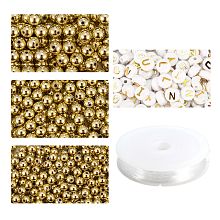 Arricraft DIY Jewelry Making Kits, Including White Flat Round Acrylic Beads Gold Letter, Elastic Crystal Thread, Golden, 1600Pcs/Set