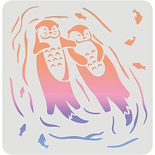 FINGERINSPIRE Otter Stencil 11.8x11.8inch Plastic Floating Sea Otter Stencil Two Otters Fish Pattern Stencils Reusable Stencils for Painting on Wood, Floor, Wall and Tile