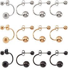 UNICRAFTALE 12pcs 3 Colors C-Shape with Ball Earrings Hypoallergenic Stainless Steel Stud Earrings Round Earrings Posts with Ball Ear Nuts 21mm Long