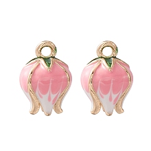 2Pcs Brass Enamel Charms, Light Gold, Bud Charm, Hot Pink, 13x9mm, Hole: 1.5mm