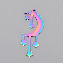 Honeyhandy Ion Plating(IP) 201 Stainless Steel Pendants, Laser Cut, Moon with Star, Rainbow Color, 41.5x18x1mm, Hole: 1.8mm