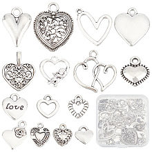 SUNNYCLUE 90Pcs 15 Style Tibetan Style Alloy Pendants, Cadmium Free & Lead Free, Heart Shape, Antique Silver, 11~30x10~24x1.5~5mm, Hole: 1.5~4mm, about 6pcs/style