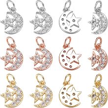 NBEADS 12 Pcs Moon with Star Cubic Zirconia Charms, Micro Pave Charms Moon Charms Gold Plated Brass Charms Cubic Zirconia Charms for Jewelry Making, Gold, Silver and Rose Gold