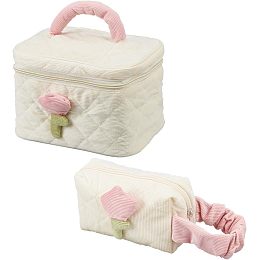 WADORN 2 Styles Portable Makeup Bag for Women, Corduroy Makeup Pouch Sets Travel Zipper Cosmetic Organizer Bag with Tulips Pattern Cute Quilted Cosmetic Pouch Toiletry Bag