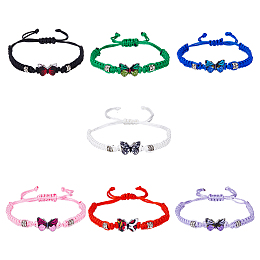 FIBLOOM 7Pcs 7 Colors Alloy Butterfly Link Bracelet, Polyester Cords Braided Adjustable for Women, Mixed Color, Inner Diameter: 1-5/8~3-1/4 inch(4.2~8.3cm), 1pc/color