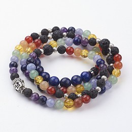 Honeyhandy Natural Mixed Gemstone Beaded Wrap Bracelets, 4-Loop, with Alloy Beads and Brass Textured Beads, 29-1/8 inch(740mm)