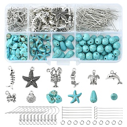 Honeyhandy DIY Sea Style Dangle Earring Making Kit, Include Iron Earring Hooks, Synthetic Turquoise Starfish & Chips & Teardrop Beads, Crab & Dolphin & Mermaid Alloy Pendants, Antique Silver & Platinum