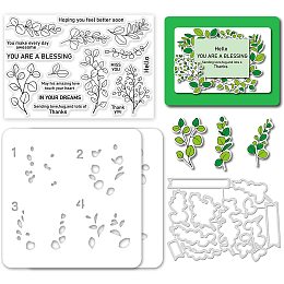 GLOBLELAND Eucalyptus Leaves Cut Dies & Clear Stamp & Painting Stencils Sentiment Words Embossing Template Silicone Stamp Hollow Painting Stencil Set for Scrapbooking Card Making Decoration