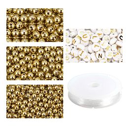 Arricraft DIY Jewelry Making Kits, Including White Flat Round Acrylic Beads Gold Letter, Elastic Crystal Thread, Golden, 1600Pcs/Set