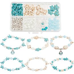 SUNNYCLUE 1 Box 6 Sets Ocean Anklet Bracelet Making Kit Turtle Beads Sea Animal Beads Summer Hawaii Blue Glass Bead Shell Beads for Jewelry Making Kits Handmade Gift Adult DIY Beading Craft Supplies