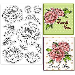 GLOBLELAND 5.8x8.3in Peony Clear Stamps Flowers Silicone Stamps Leaves Rubber Transparent Rubber Seal Stamps for Card Making DIY Scrapbooking Photo Album Decoration