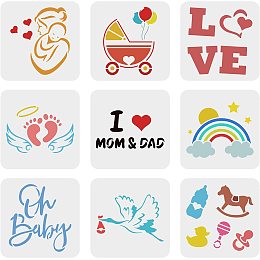 FINGERINSPIRE 9 Pcs Baby Shower Stencil 5.9x5.9 inch Cute Onesie Stencil Plastic Love Footprint Goose Baby Carriage Rainbow Patterns Stencils Reusable Stencil for Painting Bodysuit Bags Shirts