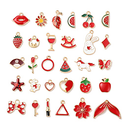 Arricraft 30Pcs 30 Styles Light Gold Alloy Enamel Pendants, Watermelon & Triangle & Leaf & Unicorn & Heart & Apple & Flower & Cherry & Rhombus & Butterfly & Horse & Lip & Pig & Rabbit & Bowknot & Strawberry & Round & Fan & Starfish & Goblet & Fishtail, Red, 10.5~20.5x4~27x1.5~3mm, Hole: 1.4~2mm, 1pc/style