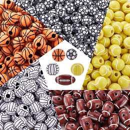 Honeyhandy 500Pcs 5 Style Craft Style Acrylic Beads, Sports Beads, Volleyball & Basketball & Rugby & Tennis & FootBall, Mixed Color, 10~18x9.5~10.5mm, Hole: 2~4mm, 100pcs/style