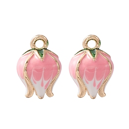 2Pcs Brass Enamel Charms, Light Gold, Bud Charm, Hot Pink, 13x9mm, Hole: 1.5mm