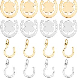 DICOSMETIC 24pcs 2 Style 2 Colors Horseshoe Charms Stainless Steel Four Leaf Clover Charms Clover and Horseshoe Charms U Shaped Charms Horse Strirrup Lariat Pendant for Jewelry Making,Hole:1.5mm