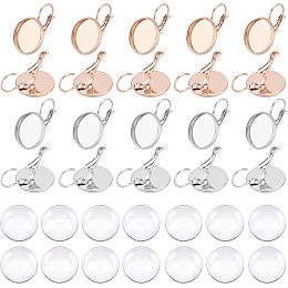 DICOSMETIC 32 Sets 14mm Tray Rose Gold and Stainless Steel Color Leverback Earring Hooks Bezel Tray Earring Settings Flat Round Earring Findings with Cabochons for Jewelry Making,Pin:0.8mm