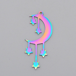 Honeyhandy Ion Plating(IP) 201 Stainless Steel Pendants, Laser Cut, Moon with Star, Rainbow Color, 41.5x18x1mm, Hole: 1.8mm