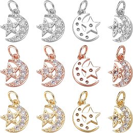 NBEADS 12 Pcs Moon with Star Cubic Zirconia Charms, Micro Pave Charms Moon Charms Gold Plated Brass Charms Cubic Zirconia Charms for Jewelry Making, Gold, Silver and Rose Gold