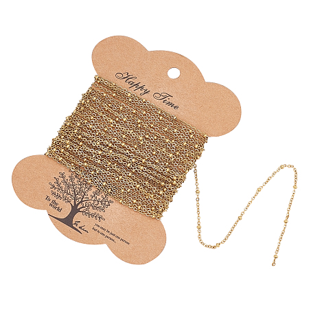 304 Stainless Steel Satellite Chains, Soldered, with Round Beads, with Card Paper, Golden, 1.6mm, Beads: 2x1mm, 5m/card