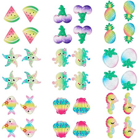 Resin Cabochons, with Glitter Powder, Watermelon, Grape, Pineapple, Peach, Starfish, Shell, Fish, Octopus, Sea Horse, Mixed Color, 18.5~26x13.5~23x3.5~6.5mm; 36pcs/set
